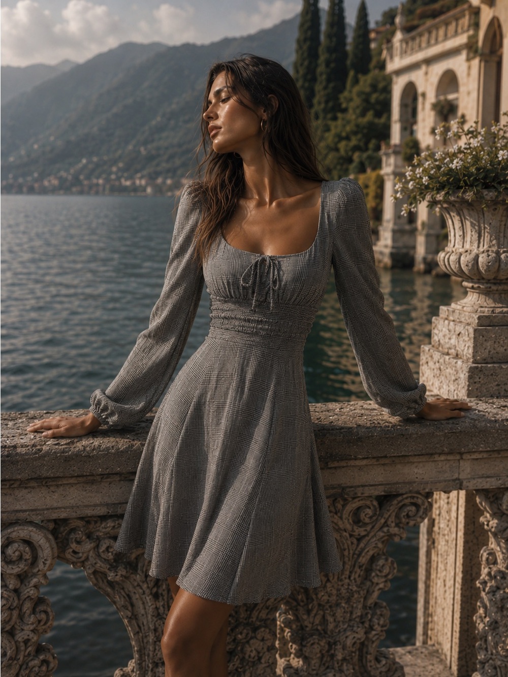 Reformation Grey Square Neck Mini Dress S | Fitted Romantic Long Sleeve Dress